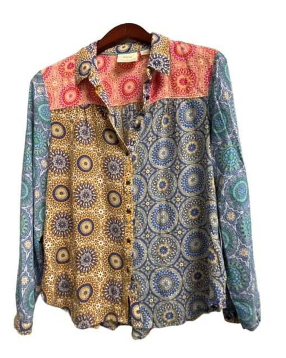 Maeve by Anthropologie Mixed Print Button-Down Long Sleeve Blouse Top Medium